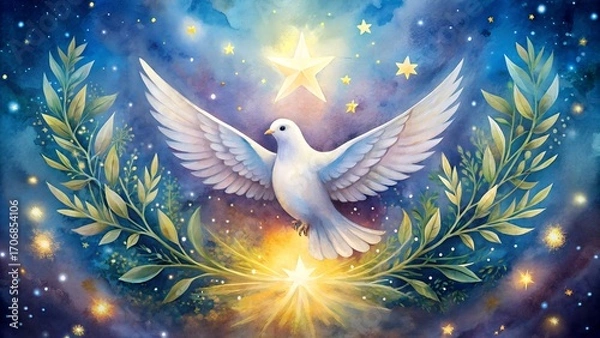 Fototapeta White dove with outstretched wings and olive branches in starry sky.