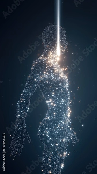 Fototapeta A glowing silhouette of a human figure made of stars and light against a dark background, evoking themes of energy and existence.