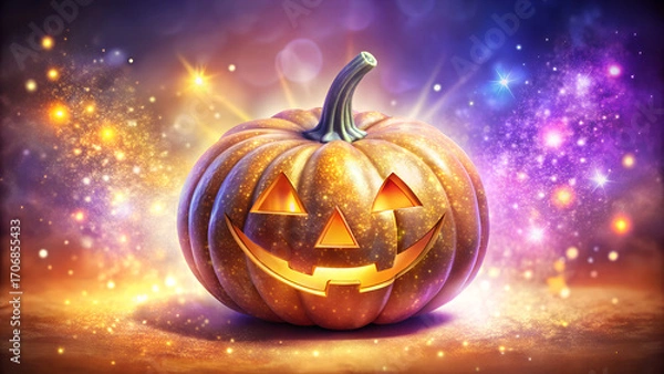 Fototapeta Glowing Jack-o-lantern with Sparkly Cosmic Background isolated on a transparent background.