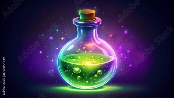 Fototapeta Glowing Potion Bottle with Bubbles and Sparkles glass.