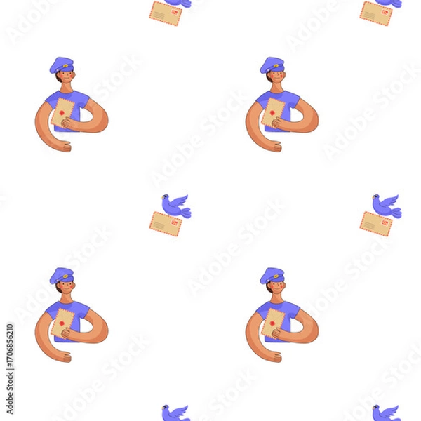 Fototapeta Delivery person with strong arms holds a letter and a bird on a white background design