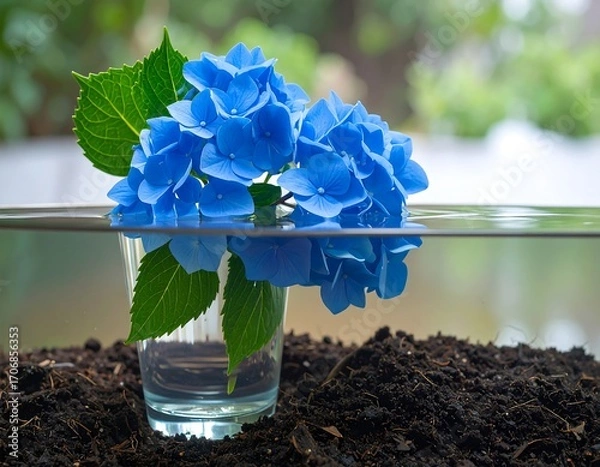 Obraz Hydrangea in a glass of water, reflected underwater