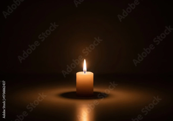 Fototapeta Single lit candle casting warm glow and shadows in darkness