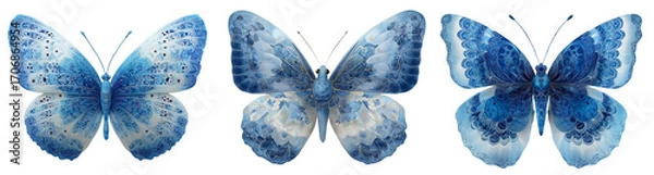 Fototapeta Three blue butterflies with patterned wings