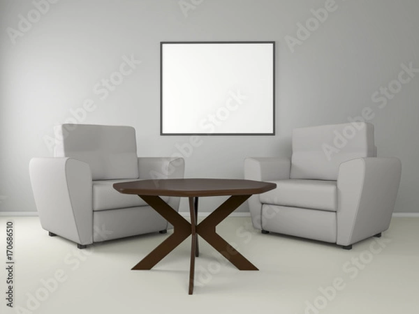 Obraz two easy chairs near the coffee table in grey room