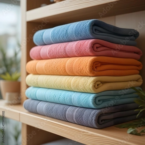 Fototapeta Stack of neatly folded colorful towels on wooden shelf, spa and wellness theme, soft lighting, professional stock photography style