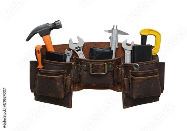 Fototapeta A rustic leather tool belt filled with various construction and repair tools, perfect for themes of craftsmanship, DIY, and home improvement, isolated on white.