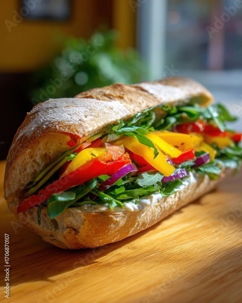 Fototapeta Vibrant sandwich filled with fresh vegetables, resting on a wooden table in a cozy caf? setting