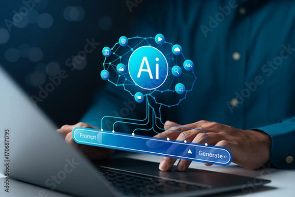 Fototapeta AI prompt generate concept showing person typing on laptop with artificial intelligence app interface, digital technology, automation, innovation, and futuristic software solution.