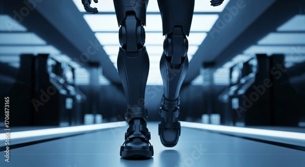 Obraz Futuristic Robot Walking in a Modern, Sleek, Blue-lit Environment