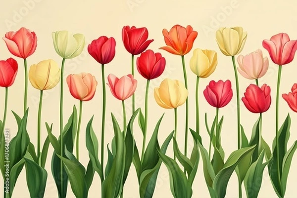 Obraz Vibrant display of tulips in various colors against soft background creating cheerful spring aesthetic for home decor and design projects
