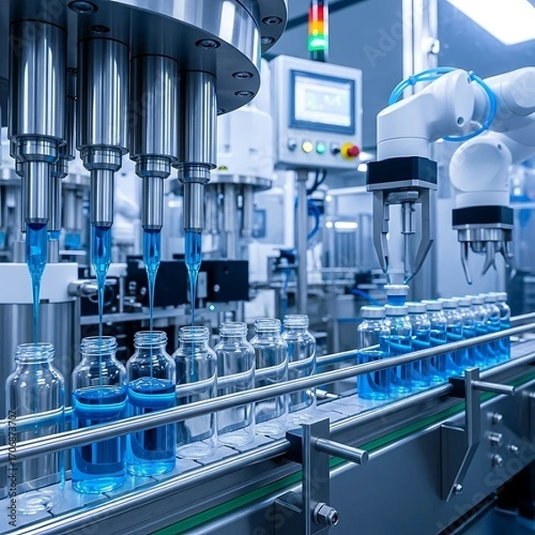 Fototapeta Automated liquid filling line with robotic arms efficiently fills bottles with a blue liquid in a modern production facility.