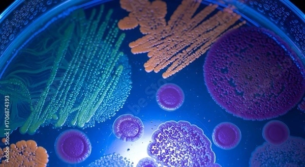 Fototapeta Vibrant, colorful colonies of microorganisms are shown in a petri dish under illumination, displaying varied patterns and hues.
