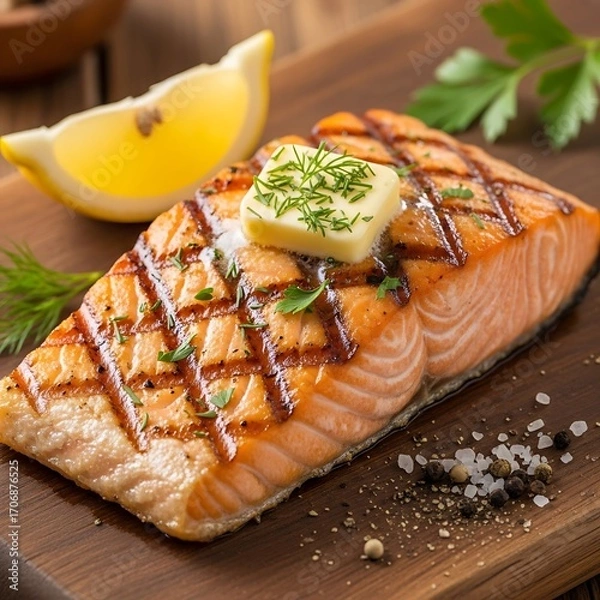 Fototapeta A grilled salmon fillet, beautifully seasoned, sits on a wooden board with a slice of lemon and butter.