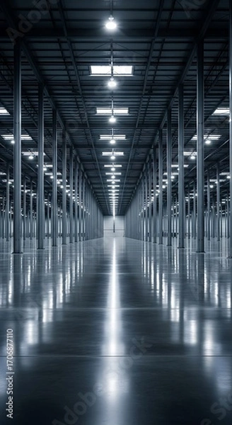Fototapeta A vast, empty warehouse interior, brightly lit, showcasing a polished concrete floor reflecting the overhead lights.
