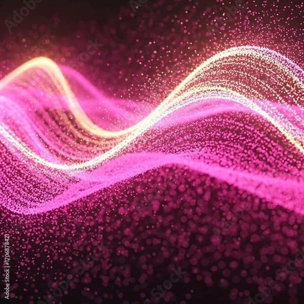 Fototapeta A vibrant digital design featuring flowing, undulating patterns of bright pink and yellow-gold particles.