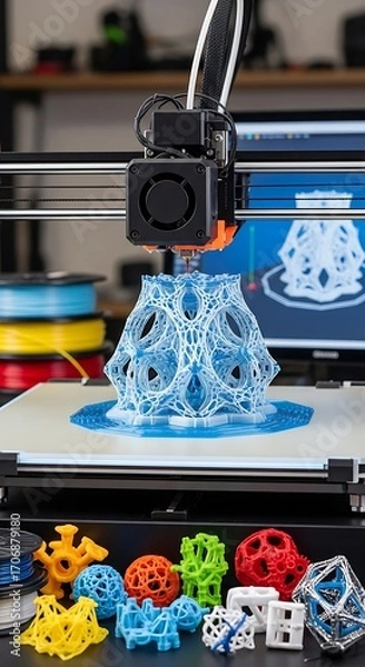 Fototapeta A 3D printer meticulously creating a complex, intricate, light-blue structure, showcasing its precision and artistry.