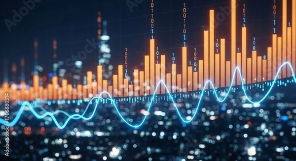 Obraz Dynamic Stock Market Data Analysis over Vibrant Cityscape at Night