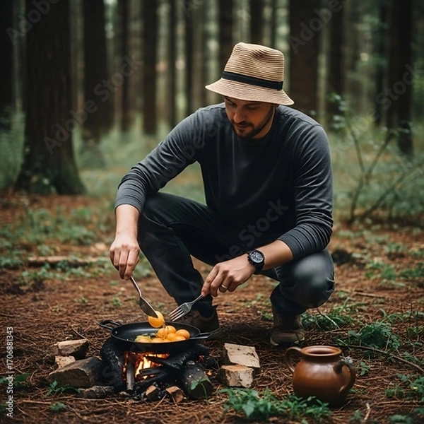 Fototapeta A man in a straw hat, crouched by a campfire, cooks food in a pan.