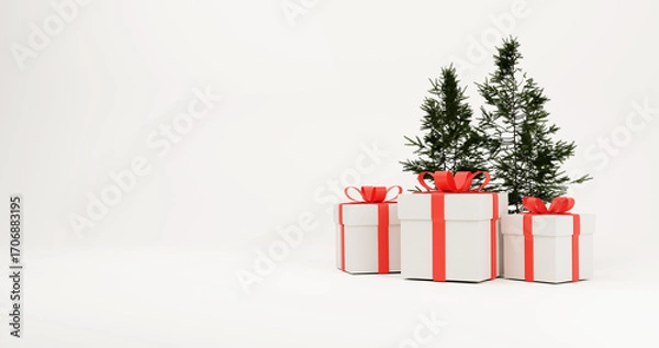 Obraz White gift boxes with red ribbon and pine trees