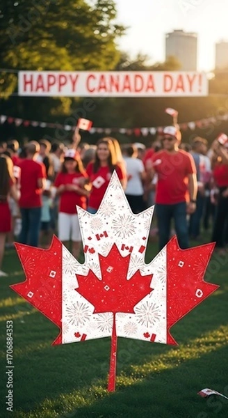 Fototapeta A large, decorative maple leaf, adorned with Canadian flags and fireworks, stands in a grassy area at a public celebration.