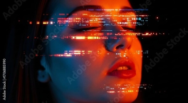 Obraz Futuristic Portrait Glowing with Abstract Digital Glitch Effect