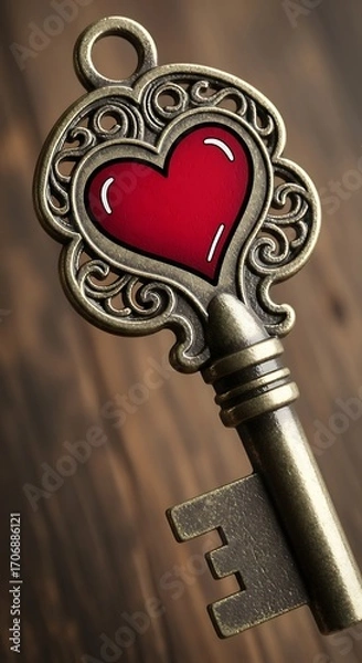 Fototapeta An ornate antique key, intricately designed, displays a vibrant red heart, evoking a sense of romanticism and nostalgia on a wooden background.