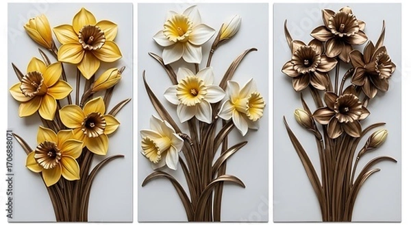 Fototapeta Three decorative panels showcasing a lavish arrangement of sculpted daffodils in yellow, white, and gold tones against a light background.