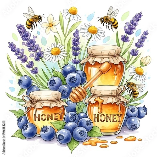 Fototapeta A charming arrangement of honey jars, blueberries, lavender, and wildflowers, bathed in warm colors and buzzing with bees, creates a sweet and wholesome composition.