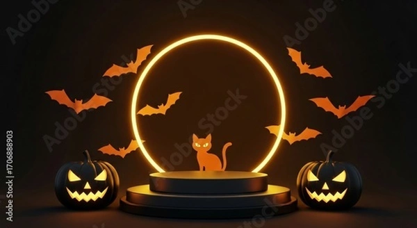 Obraz Spooky Halloween Display with Glowing Pumpkins and Black Cat Silhouette