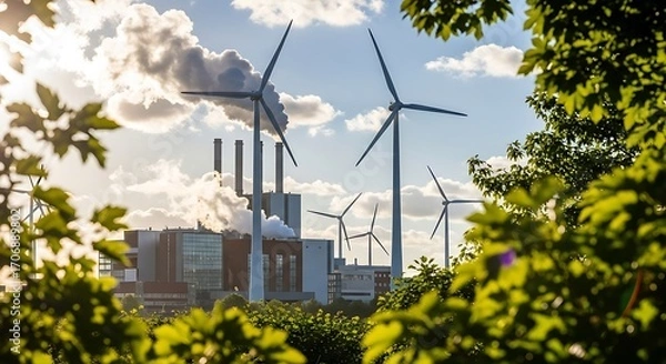Fototapeta Modern power plant with wind turbines and lush greenery in the foreground.