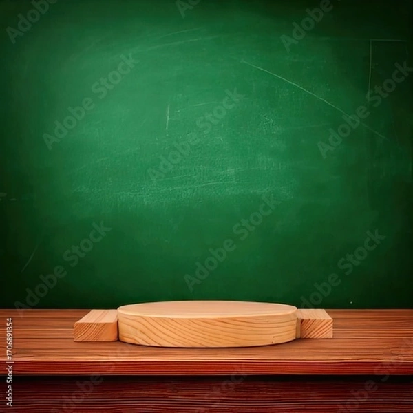Fototapeta Wooden podium on a wooden table in front of a green chalkboard