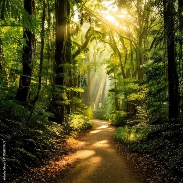 Fototapeta Sunlight streams through lush, green forest path