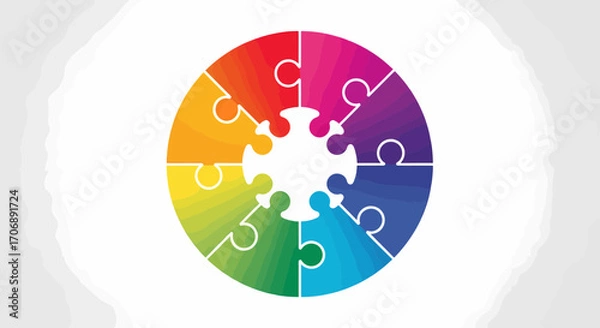 Fototapeta Circular Jigsaw Puzzle with Rainbow Gradient for Teamwork and Solution
