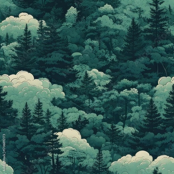 Fototapeta A repeating pattern of dark teal forest with pale clouds