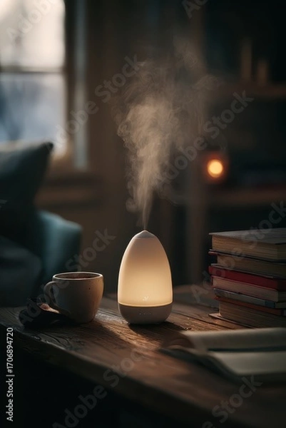 Fototapeta Aromatherapy diffuser emitting steam in a cozy living room setting.