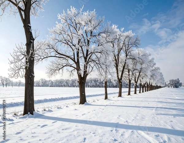 Fototapeta Winter trees lining a snowy field