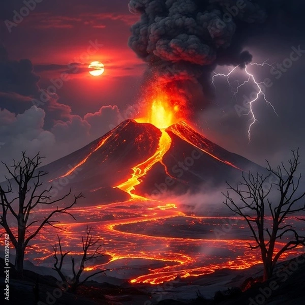 Fototapeta A dramatic volcano erupts with molten lava flows, a fiery sun, and dramatic lightning against a twilight sky.
