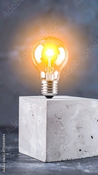 Obraz Illuminated lightbulb on a concrete cube