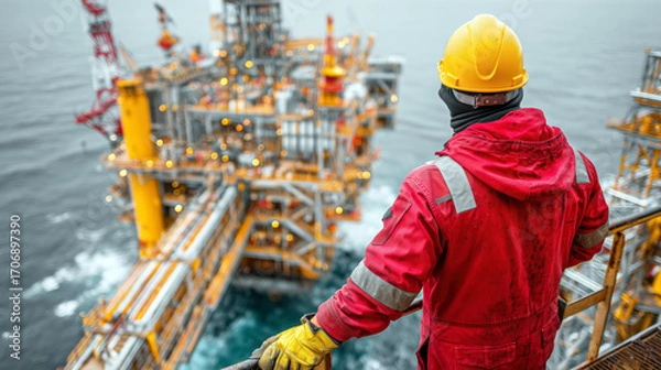 Fototapeta Worker on Oil Rig Overlooking Offshore Operations during Daylight Hours at Sea