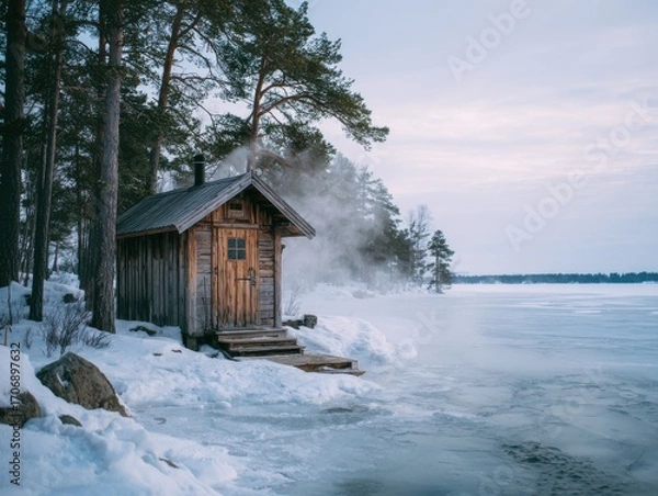 Fototapeta An Authentic Finnish Sauna on a Lakeshore in Winter