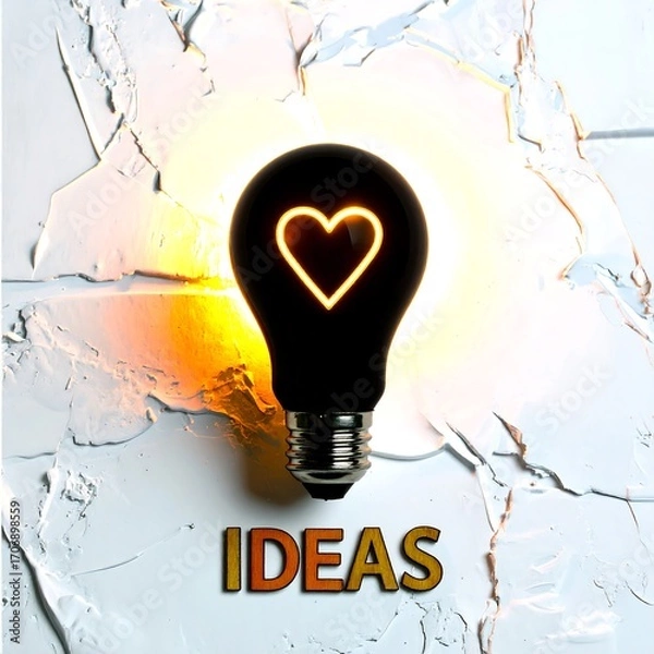 Obraz Illuminated lightbulb with heart, textured background, and word "ideas