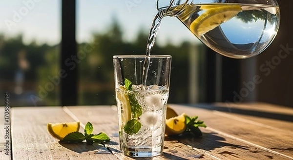 Fototapeta Refreshing citrus-infused water is poured into a glass with ice and mint on a wooden table outdoors.