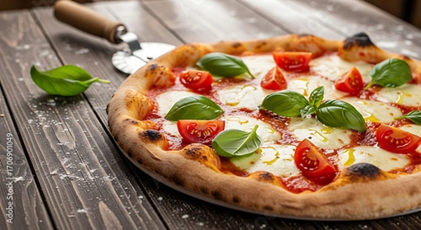 Fototapeta Fresh from the oven: Margherita pizza with tomatoes and basil on a wooden table