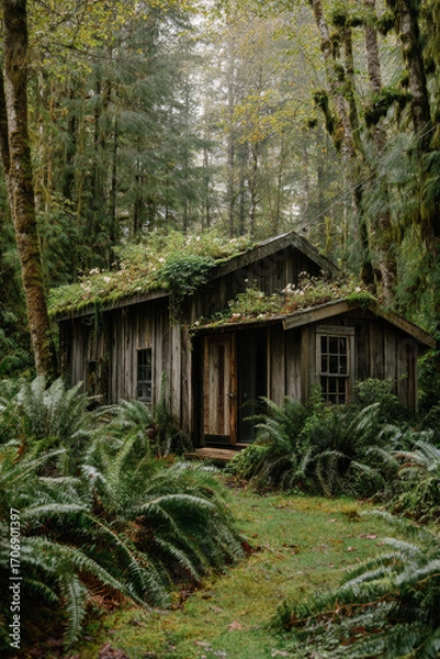 Obraz A forest cabin surrounded by ferns and moss. The wooden walls are weathered but strong