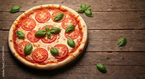 Fototapeta Margherita pizza with fresh tomatoes and basil on a rustic wooden table