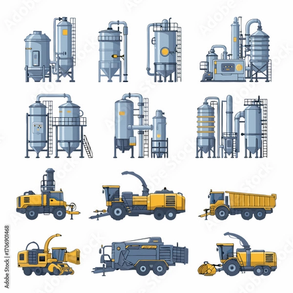 Fototapeta aerial industrial equipment and vehicles on a construction site with factories and machines in the background with a sense of industry and activity