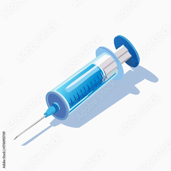 Fototapeta Isometric vector illustration of a medical syringe filled with a blue vaccine, for injection and healthcare AIzaSyClPJ0XRC-nu8GkvNTzMe5e9SBIdu4I2DE