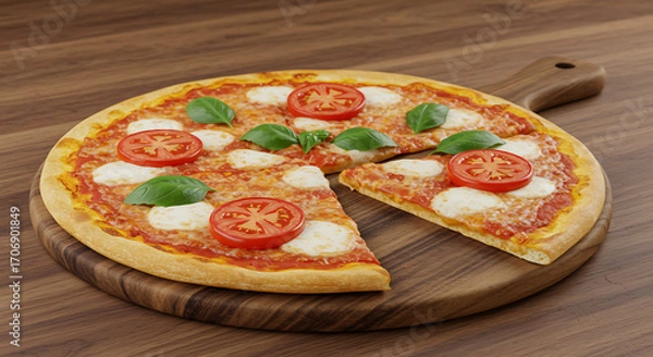 Fototapeta A fresh Margherita pizza with tomatoes and basil on a wooden table