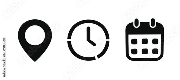 Fototapeta Calendar, Location pin, Clock icons. Event icon set. Address, time, date symbols vector 
